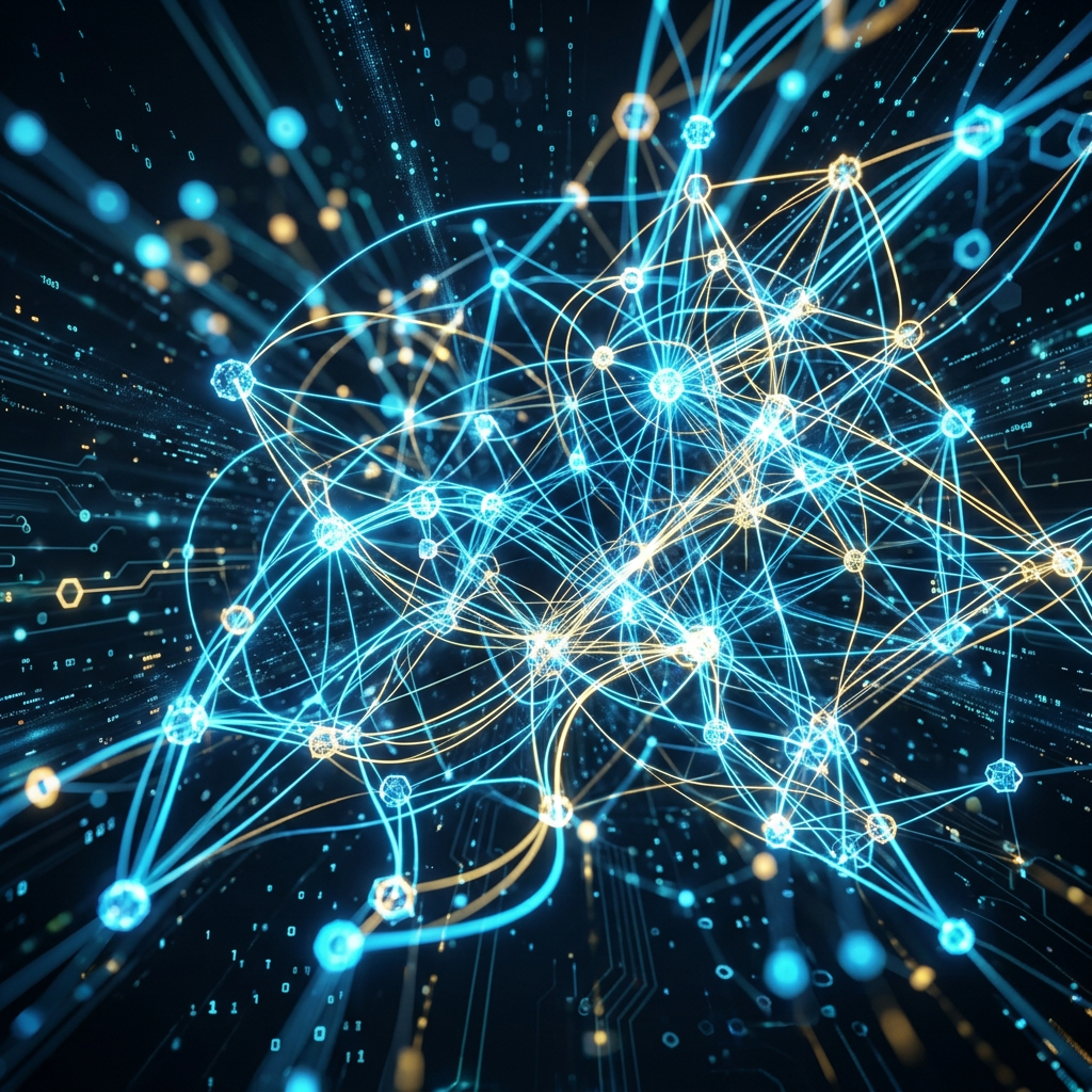 Digital network with glowing interconnected nodes and pathways in blue and yellow