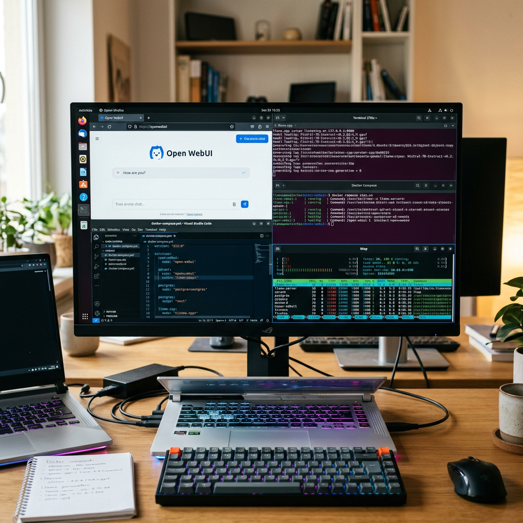 Laptop and monitor showing code editor, terminal windows, and Open WebUI chat interface
